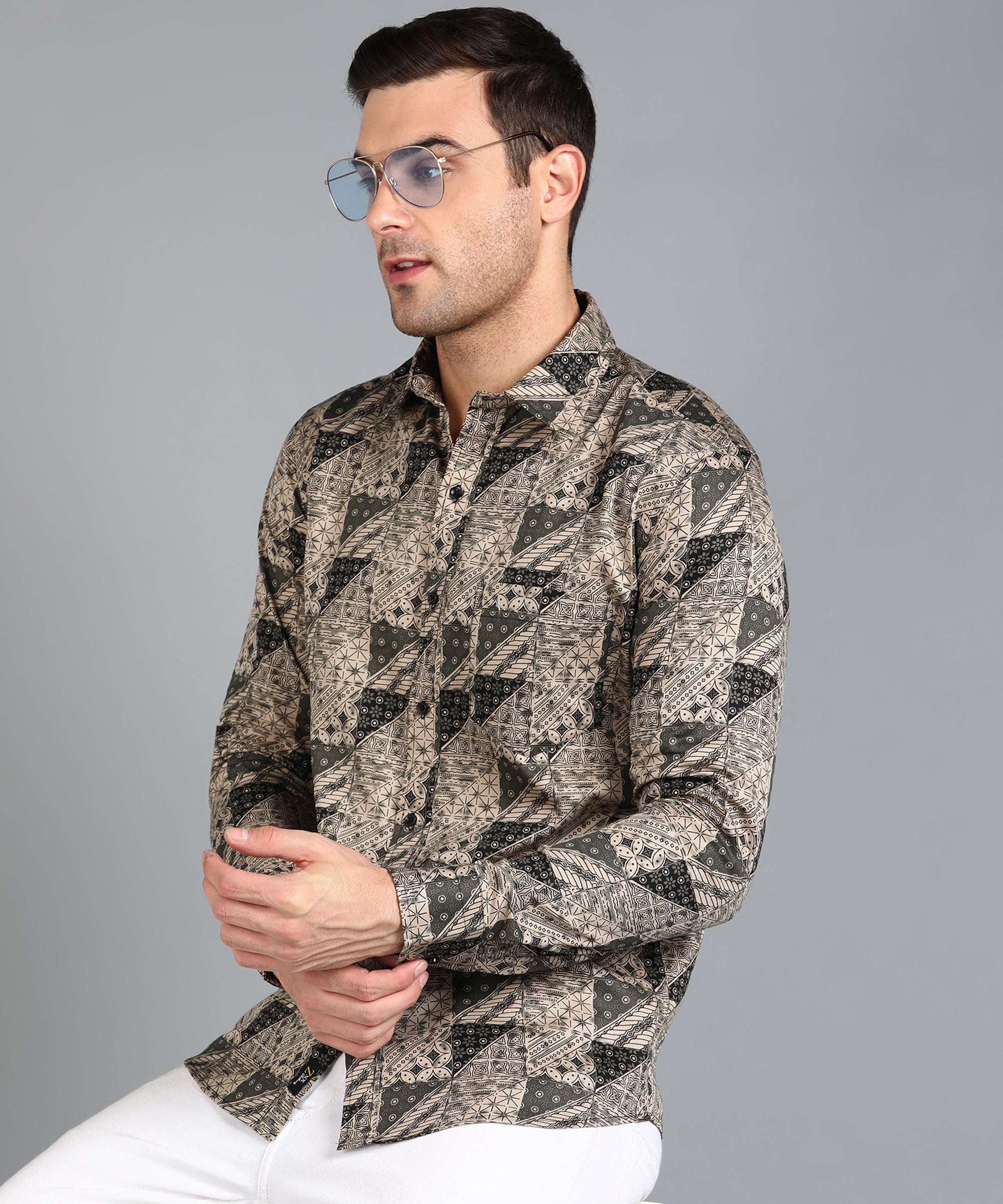 Black Geomatric Printed Beige Slim Fit Shirt