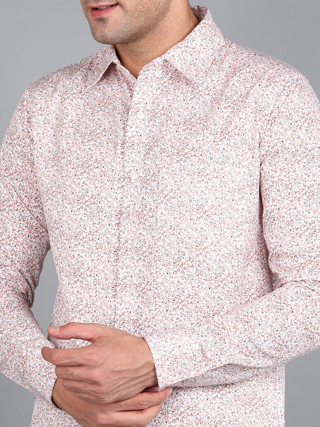 Beige Floral Printed Slim Fit Shirt