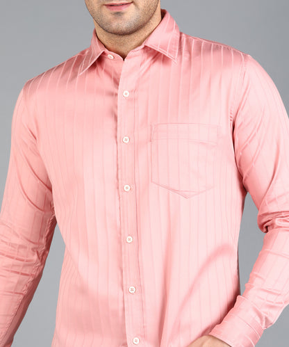 Self Striped Peach Slim Fit Shirt