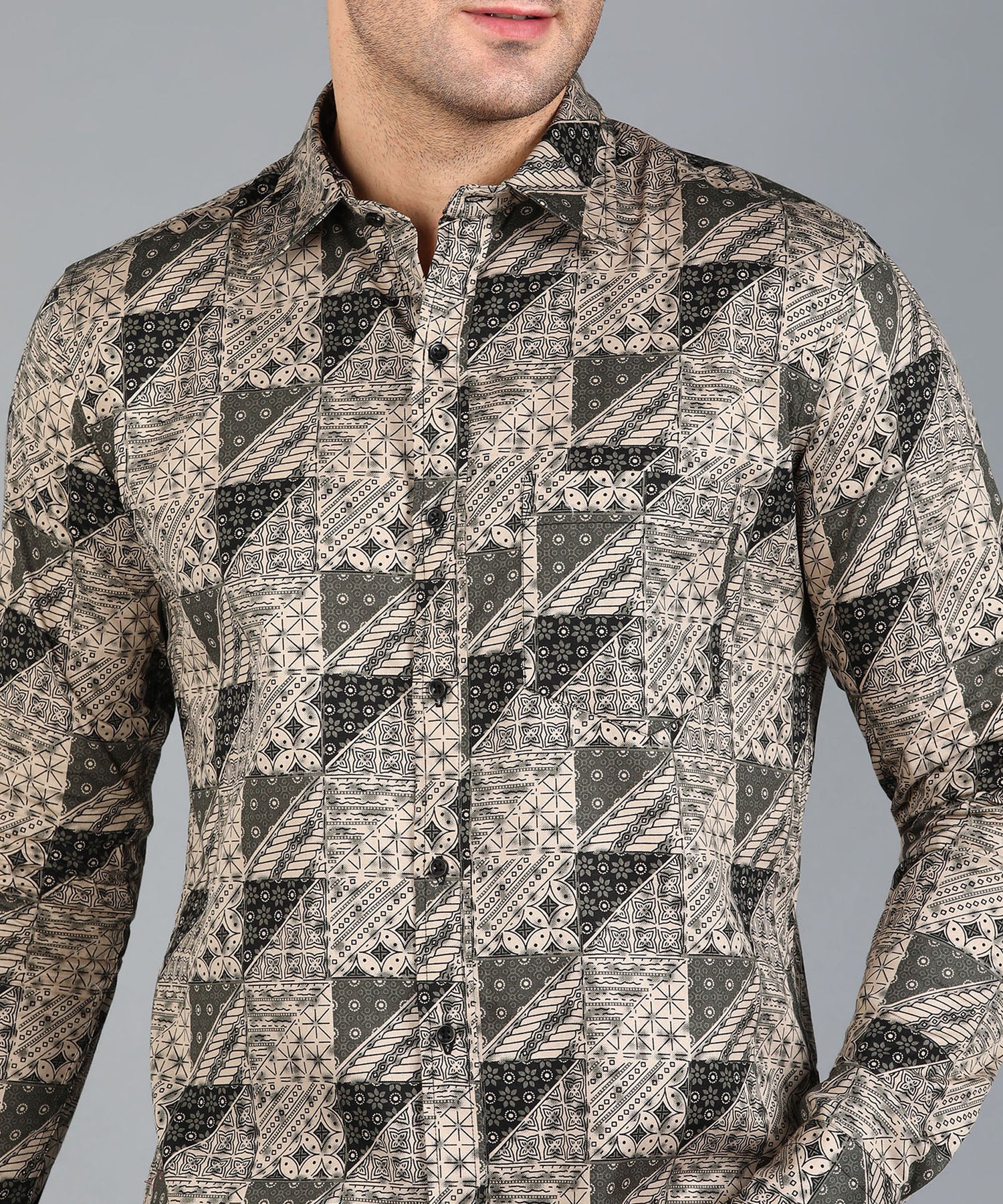 Black Geomatric Printed Beige Slim Fit Shirt