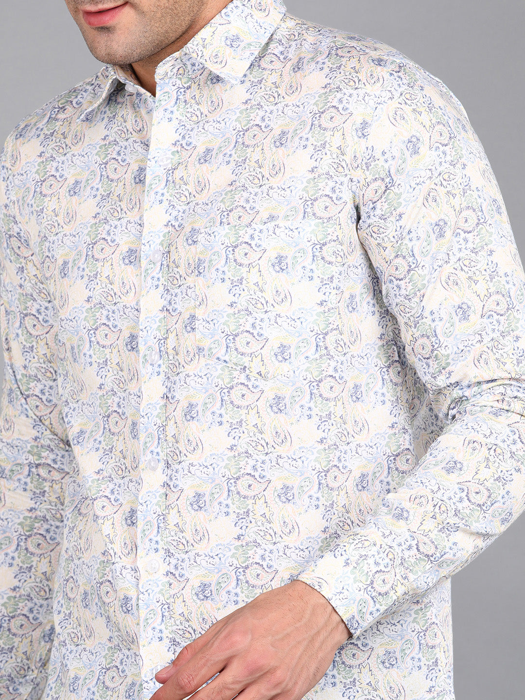 Yellow Floral Printed Off White Slim Fit Shirt