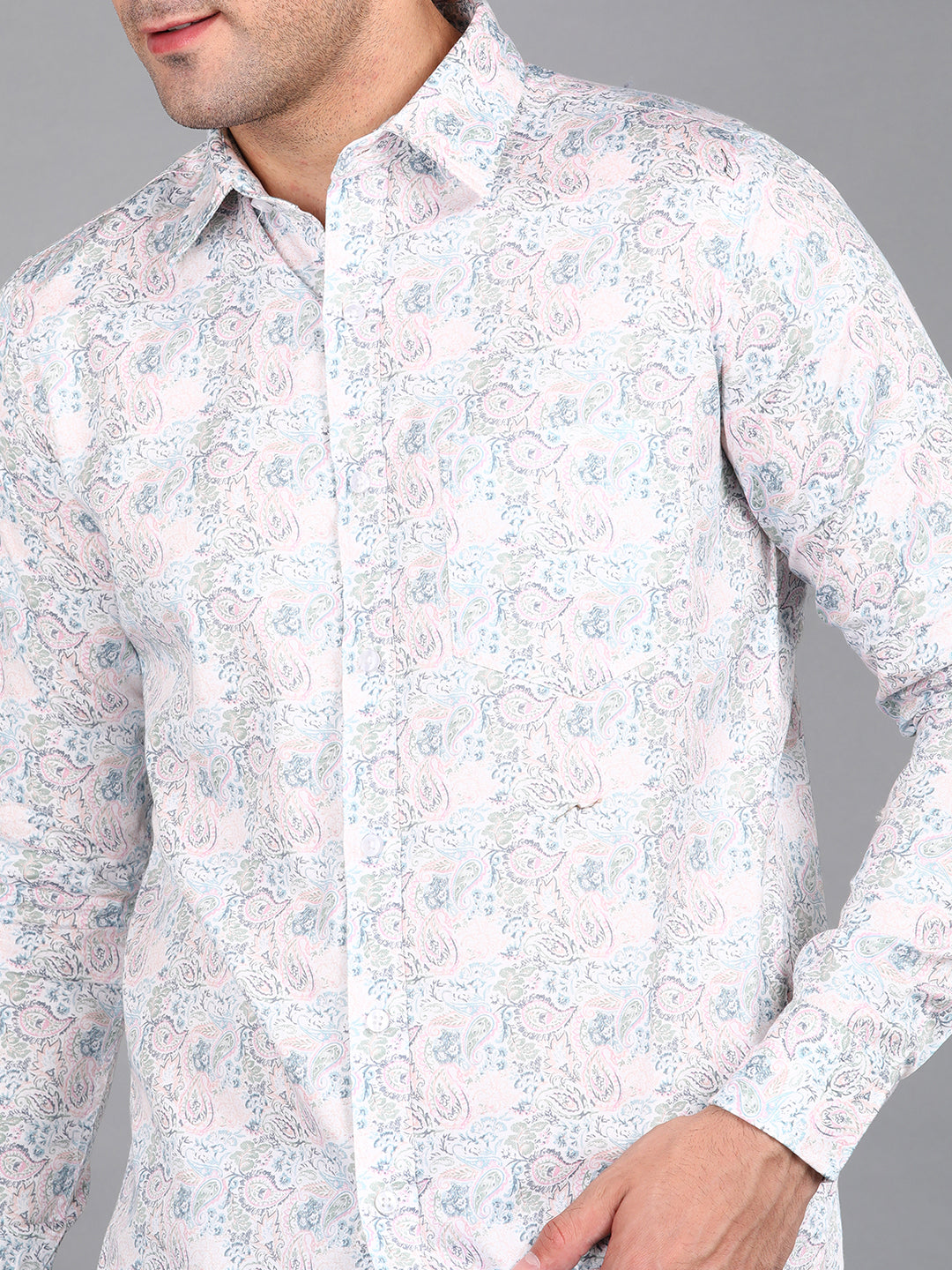 Light Pink Floral Printed Off White Slim Fit Shirt