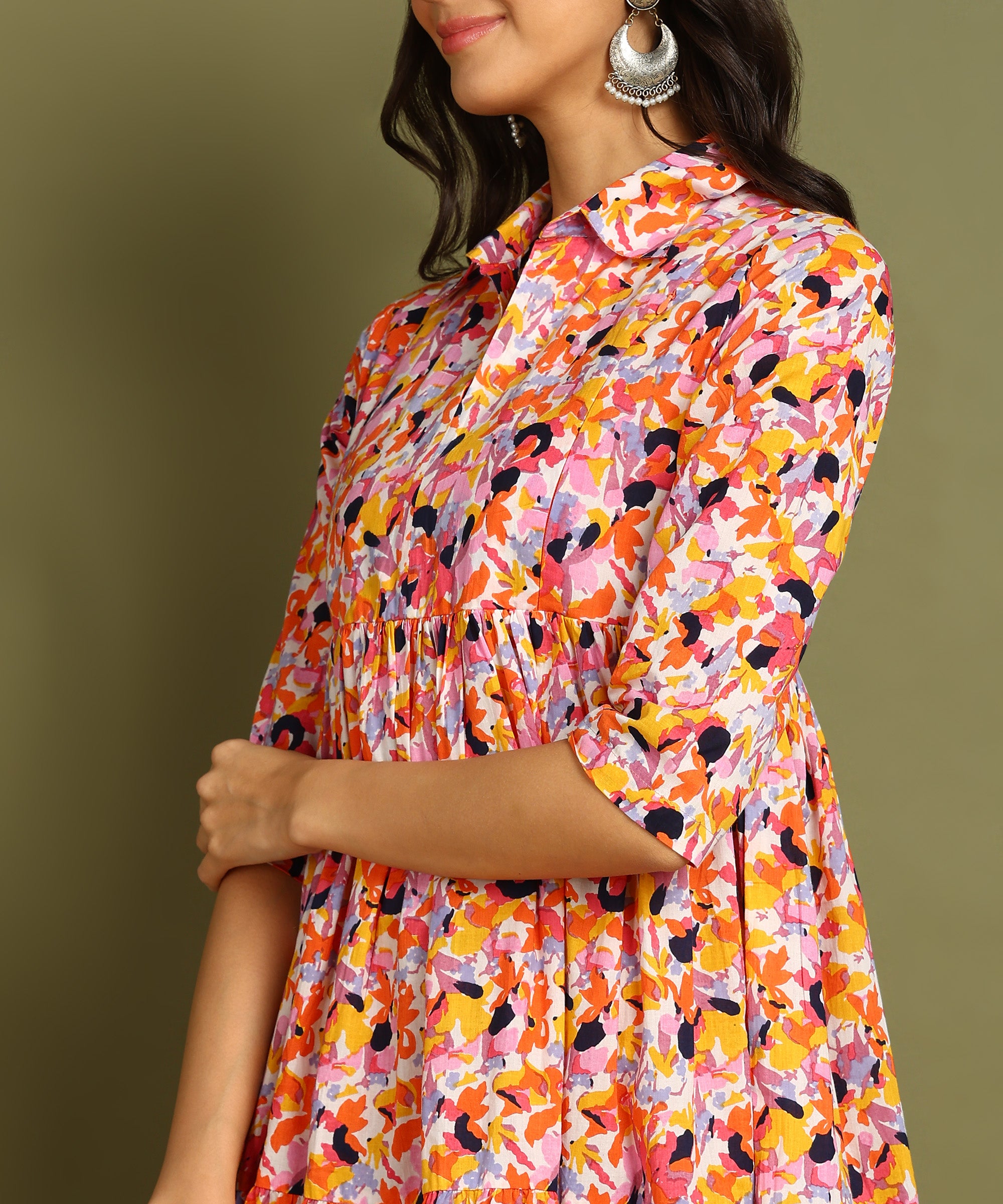 Multicolored Printed Shirt Style Maternity Wear Midi Dress