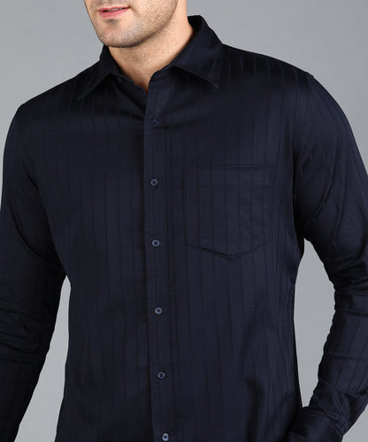 Self Striped Navy Blue Slim Fit Shirt