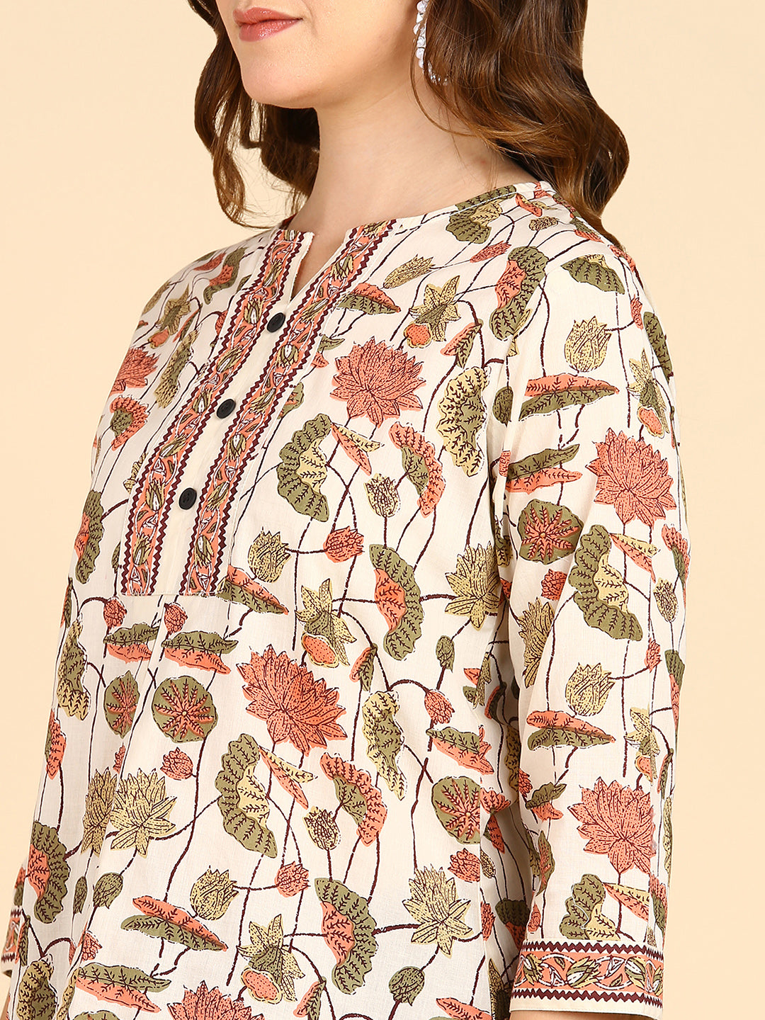 Floral Printed Cream Top With Front Border Deatails