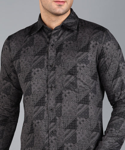 Black Geomatric Printed Grey Slim Fit Shirt