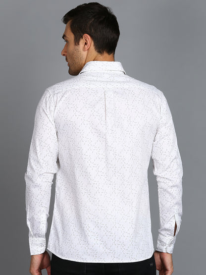 Grey Leaf Printed Off White Slim Fit Shirt