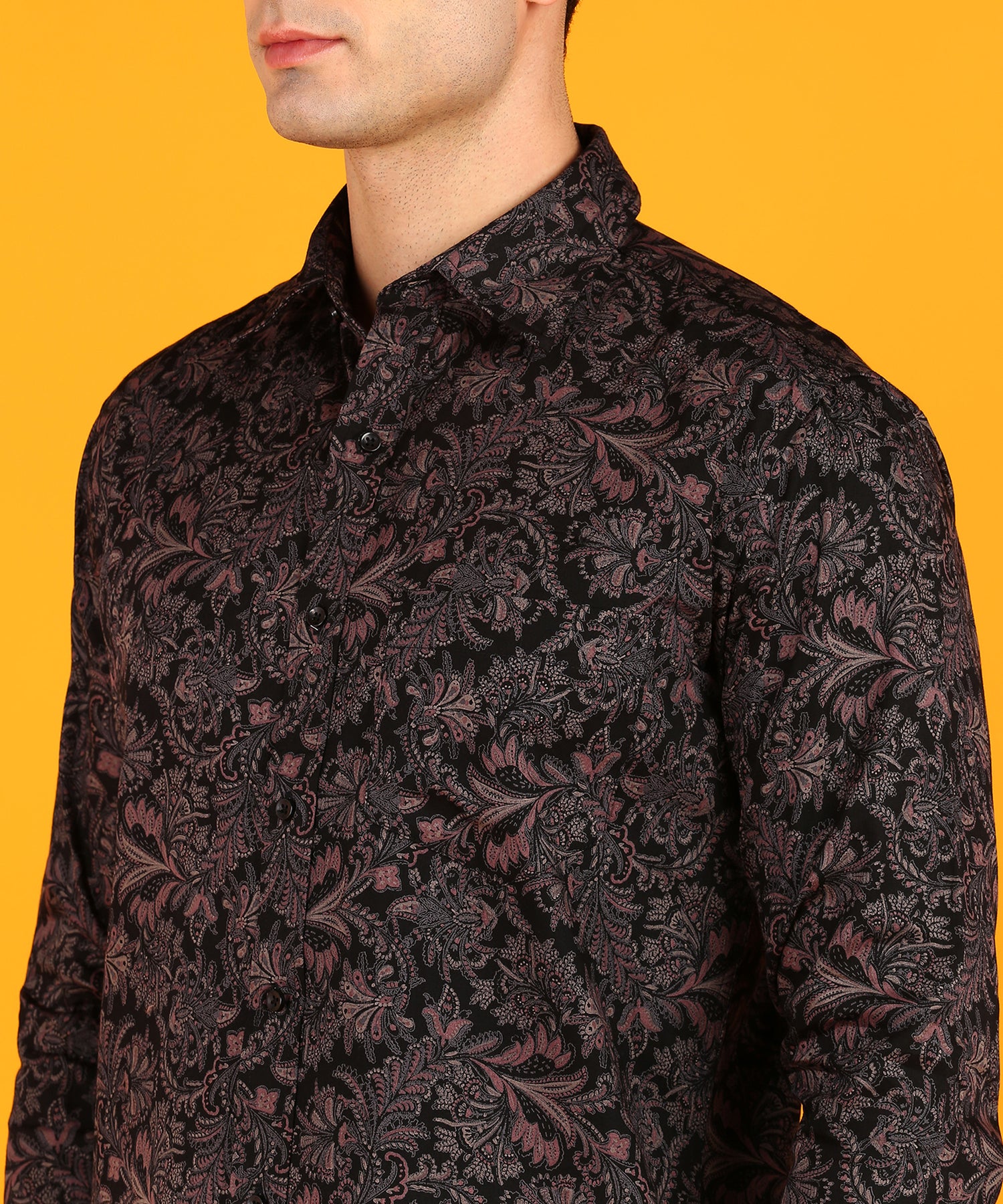 Men Brown &amp; Pink Floral Printed Full Sleeves Black Shirt