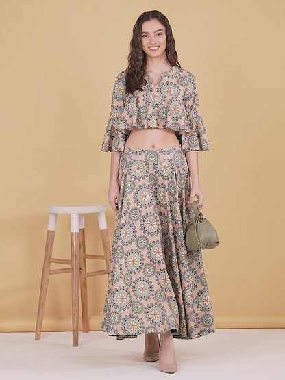 Floral Printed Beige Crop Top With Skirt