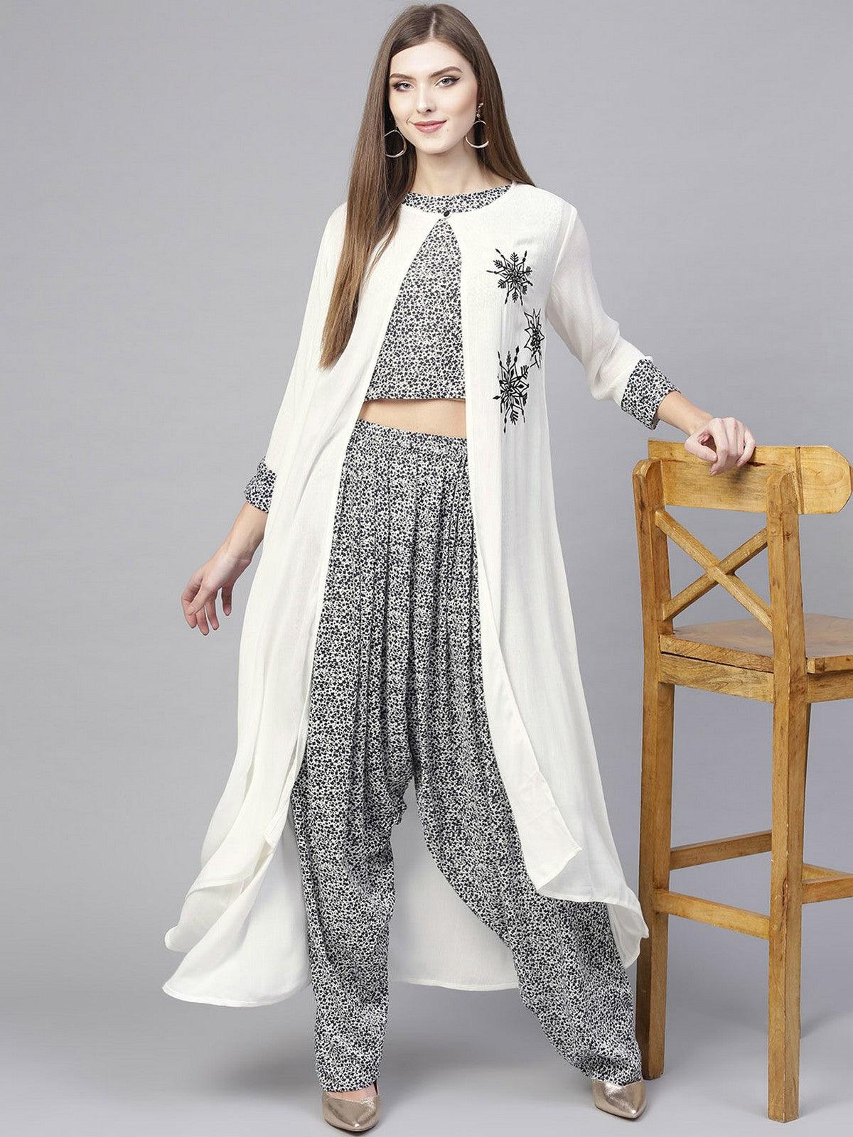TOP WITH DHOTI SALWAR WITH LONG EMBROIDERED JACKET - Znxclothing