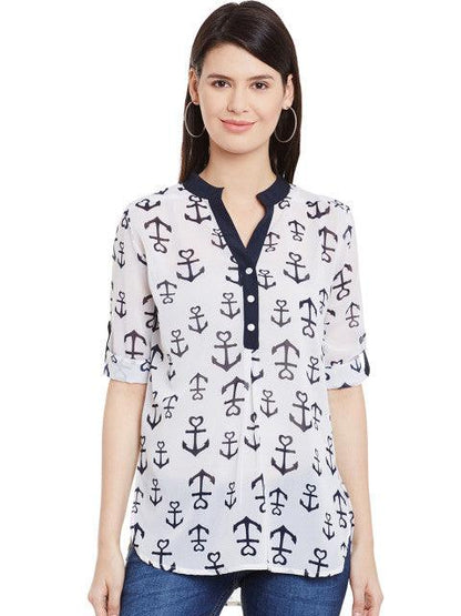 Off-White &amp; Navy Anchor Print Slim Fit Tunic - Znxclothing