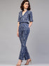 Blue Printed Roll-Up Sleeve Jumpsuit - Znxclothing