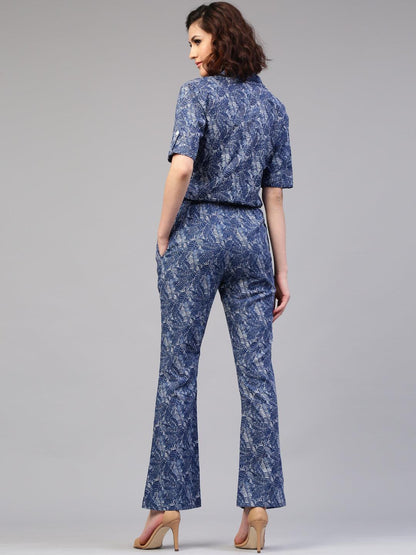Blue Printed Roll-Up Sleeve Jumpsuit - Znxclothing