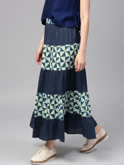 Navy Blue Printed Tiered Skirt - Znxclothing