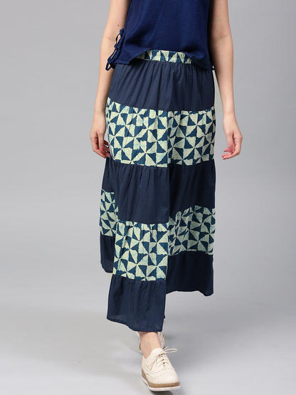 Navy Blue Printed Tiered Skirt - Znxclothing