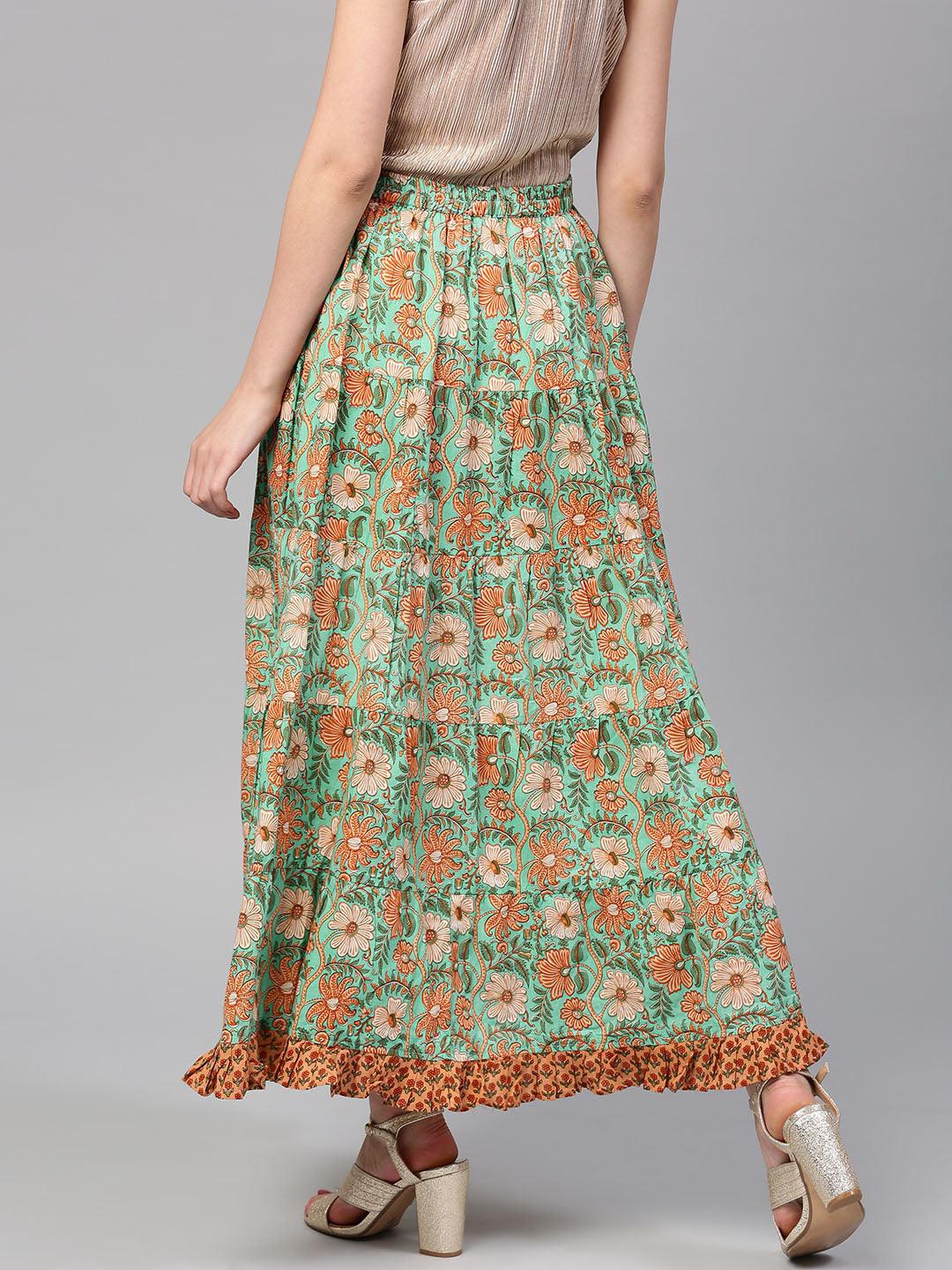 Green Floral Pastel Printed Flared Skirt With Frill Hemline - Znxclothing