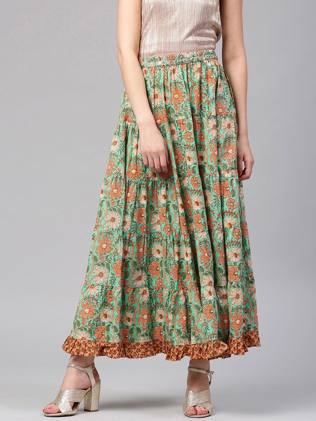 Green Floral Pastel Printed Flared Skirt With Frill Hemline - Znxclothing