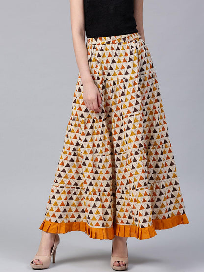 Cream &amp; Yellow Geometrical Printed Tiered Skirt - Znxclothing