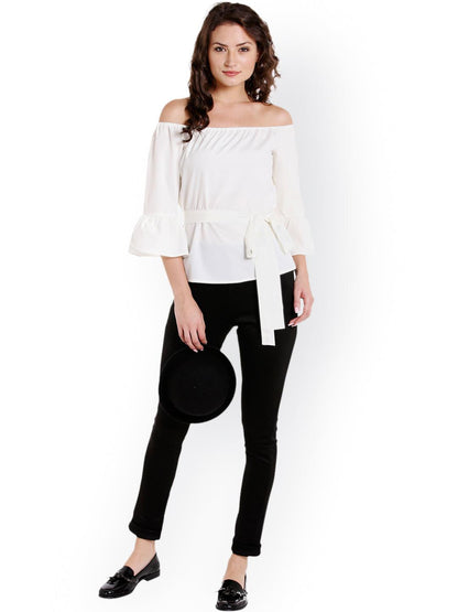 Women Off-White Solid Bardot Top - Znxclothing