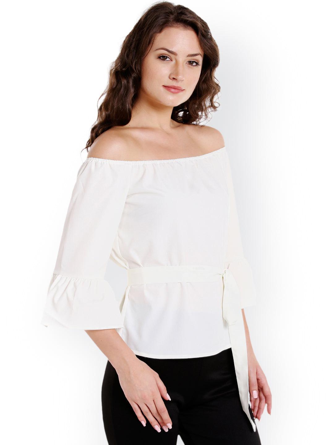 Women Off-White Solid Bardot Top - Znxclothing