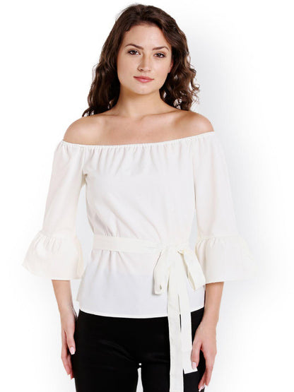 Women Off-White Solid Bardot Top - Znxclothing