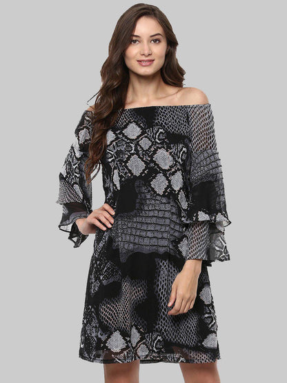 Off-Shoulder Snake Printed Dress - Znxclothing