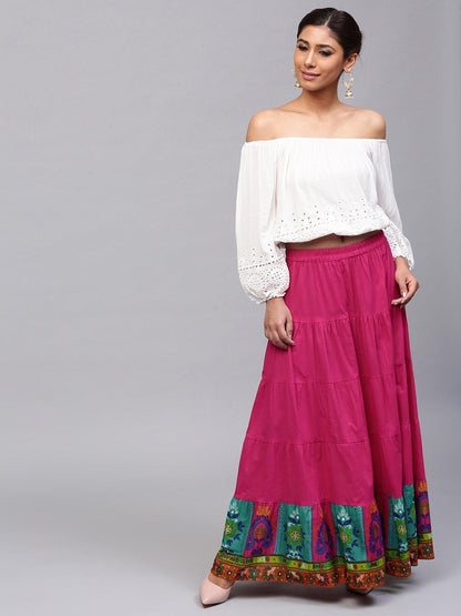 Magenta Solid Tiered Skirt With Printed Hemline - Znxclothing