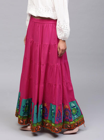 Magenta Solid Tiered Skirt With Printed Hemline - Znxclothing