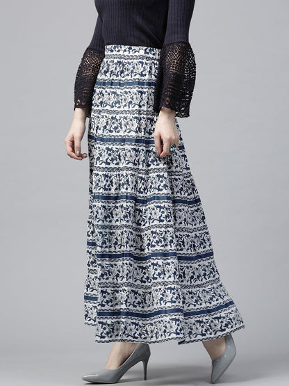Navy Blue &amp; White Printed Tiered Skirt - Znxclothing