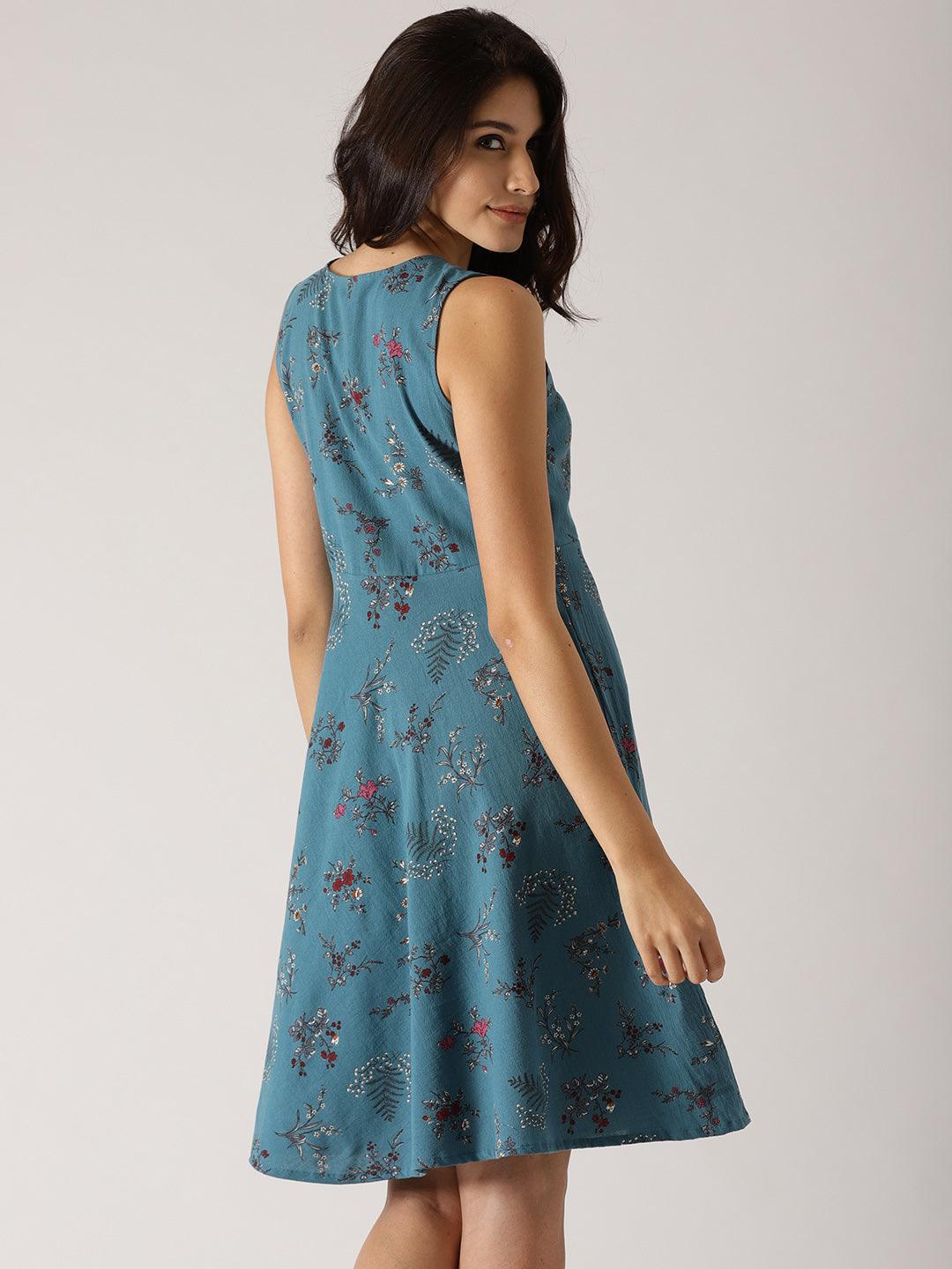 Women Blue Printed Wrap Dress (Fully Stitched) - Znxclothing