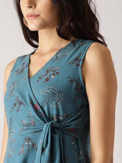 Women Blue Printed Wrap Dress (Fully Stitched) - Znxclothing