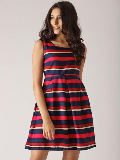 Navy &amp; Pink Striped Fit &amp; Flare Dress (Fully Stitched) - Znxclothing