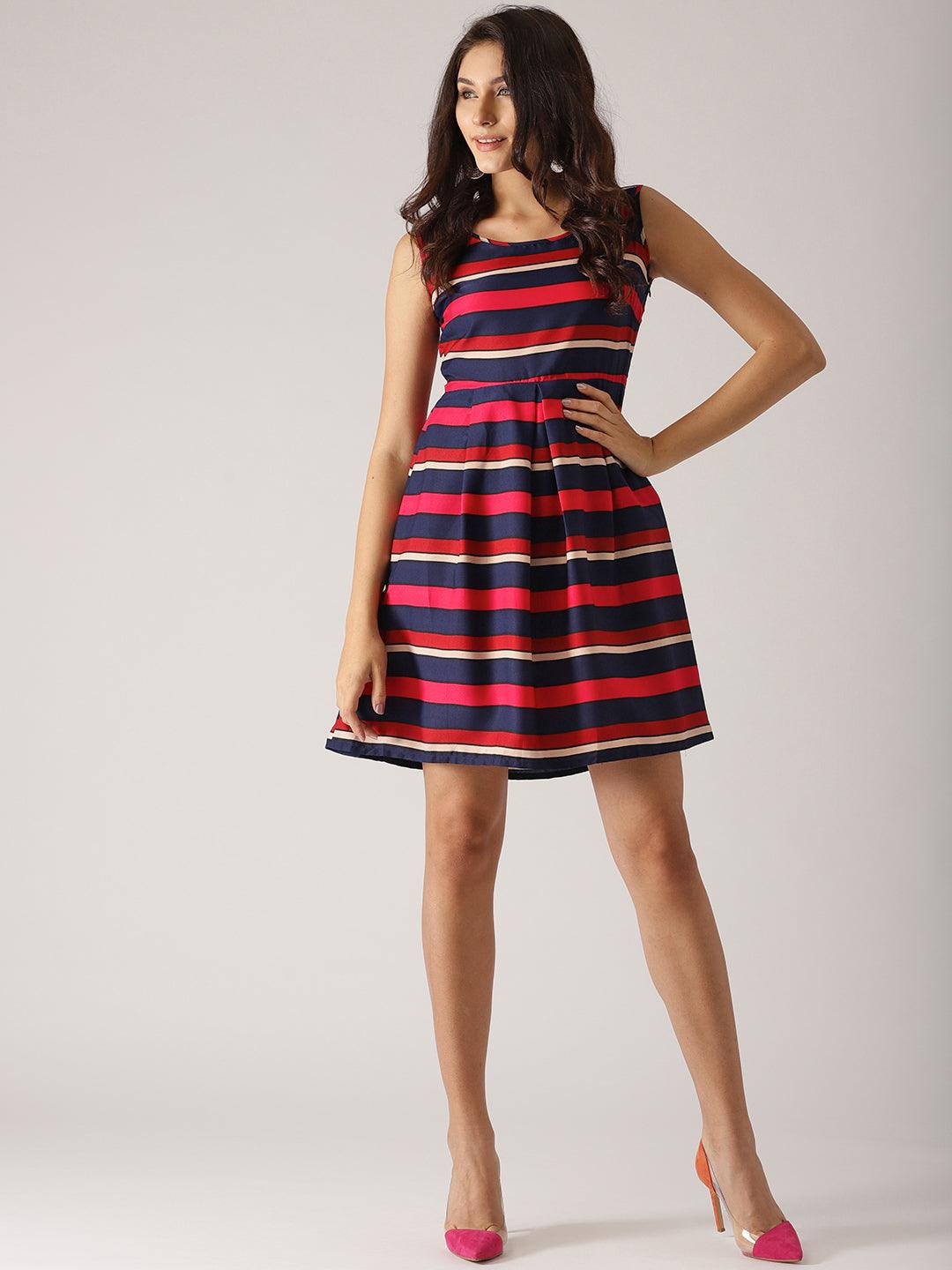 Navy &amp; Pink Striped Fit &amp; Flare Dress (Fully Stitched) - Znxclothing