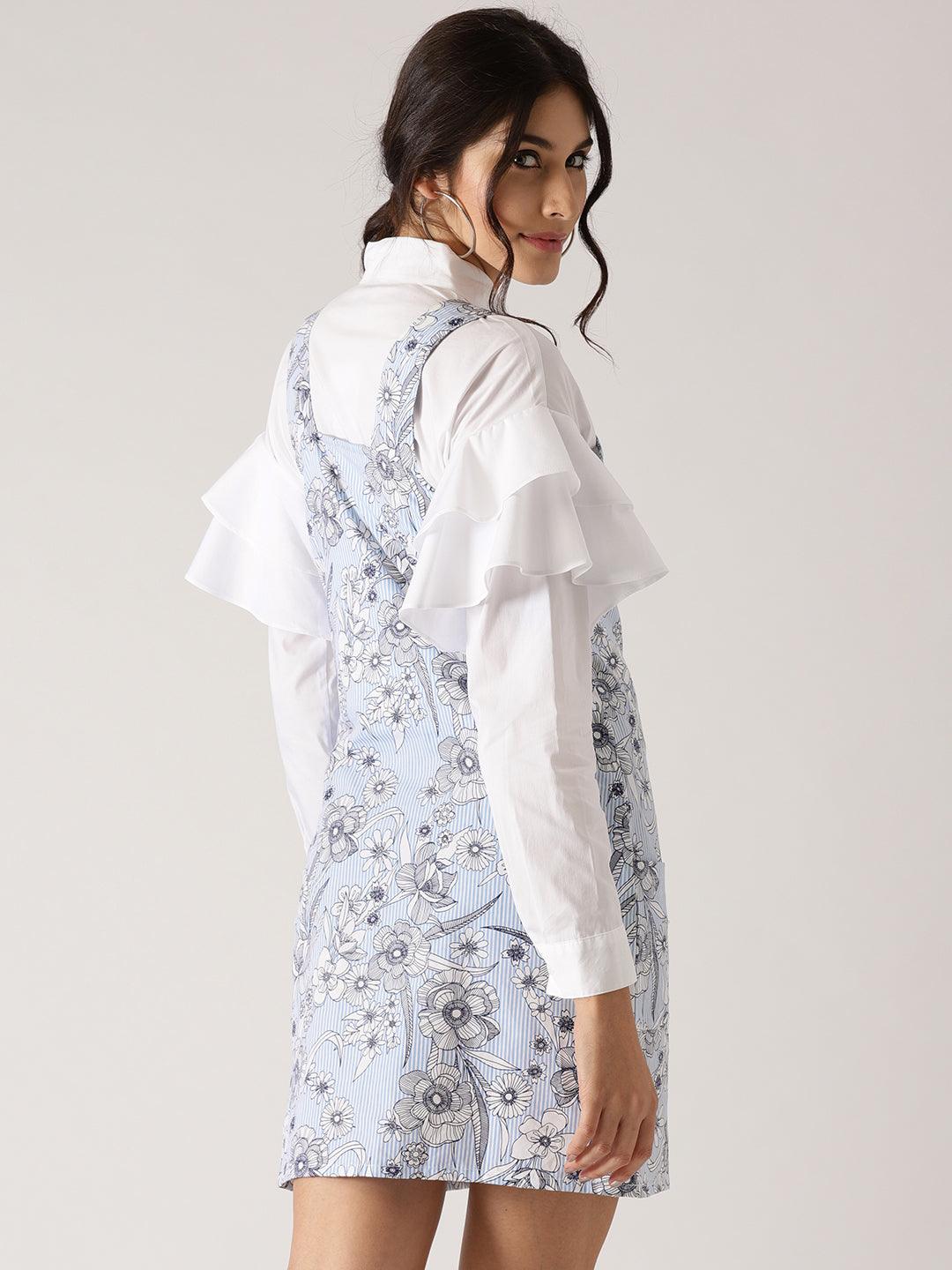Women Blue &amp; White Printed Pinafore Dress - Znxclothing