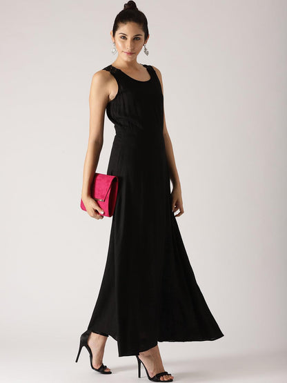 Black Solid Maxi Dress (Fully Stitched) - Znxclothing