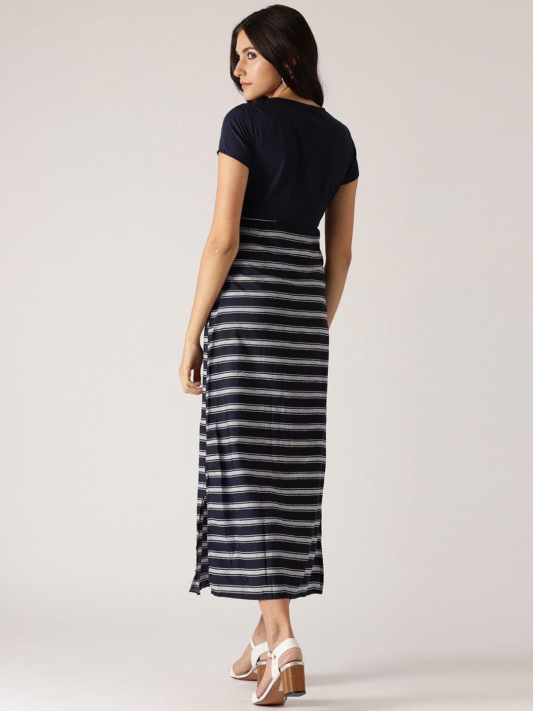 Navy Blue &amp; White Striped Maxi Dress (Fully Stitched) - Znxclothing