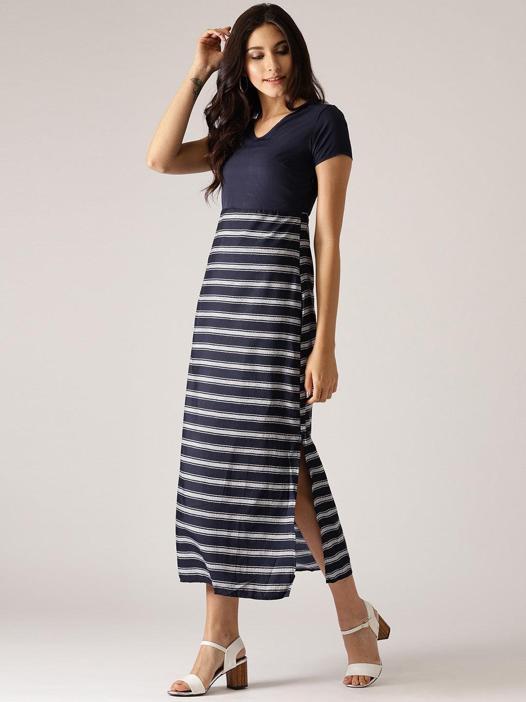 Navy Blue &amp; White Striped Maxi Dress (Fully Stitched) - Znxclothing