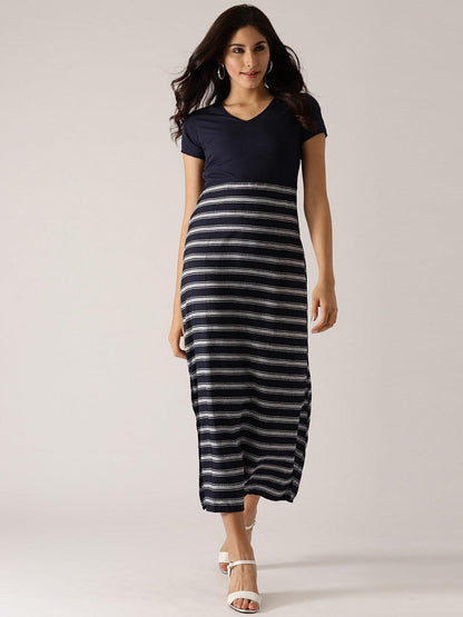 Navy Blue &amp; White Striped Maxi Dress (Fully Stitched) - Znxclothing