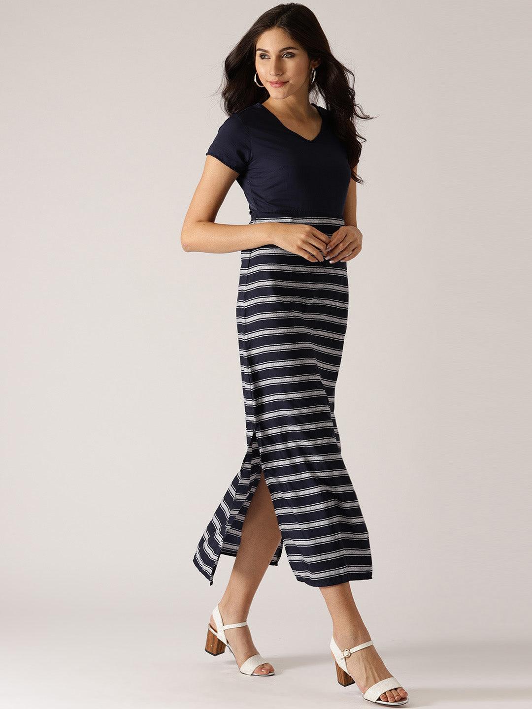 Navy Blue &amp; White Striped Maxi Dress (Fully Stitched) - Znxclothing