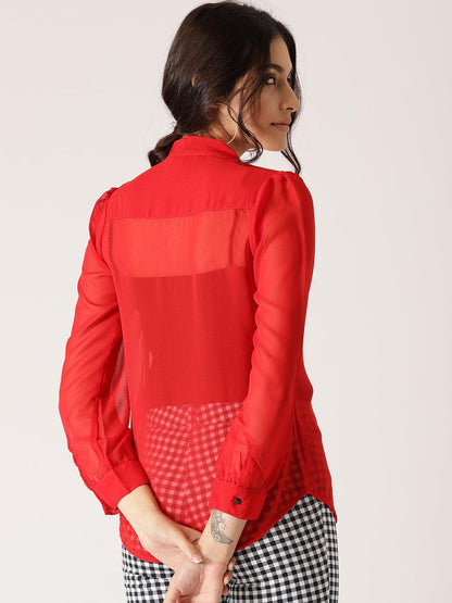 Red Solid Sheer Shirt Style Top - Znxclothing