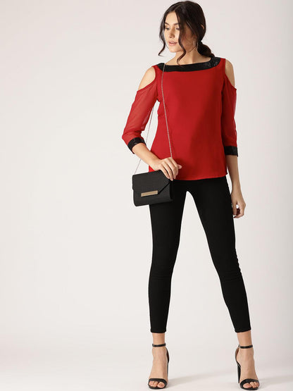 Women Red Solid Cold Shoulder Top - Znxclothing