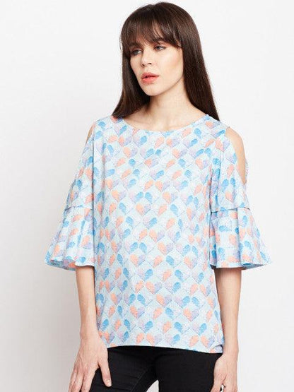Women Mint Blue and Pink Cold Shoulder Top - Znxclothing