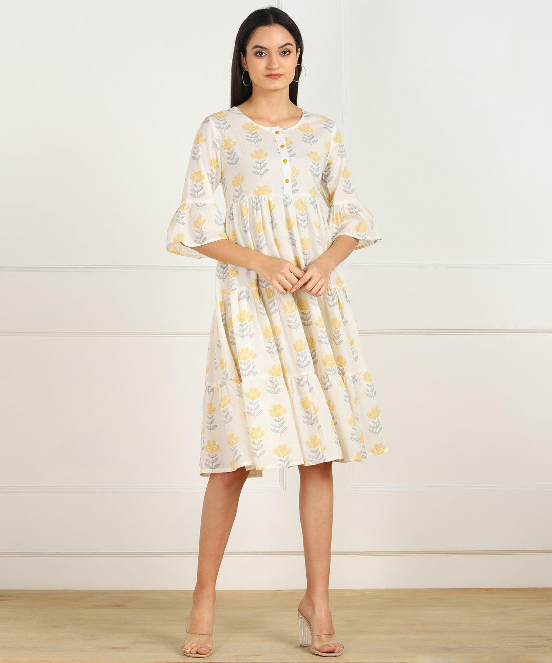 Znx White Yellow Floral Printed Flared Dress - Znxclothing