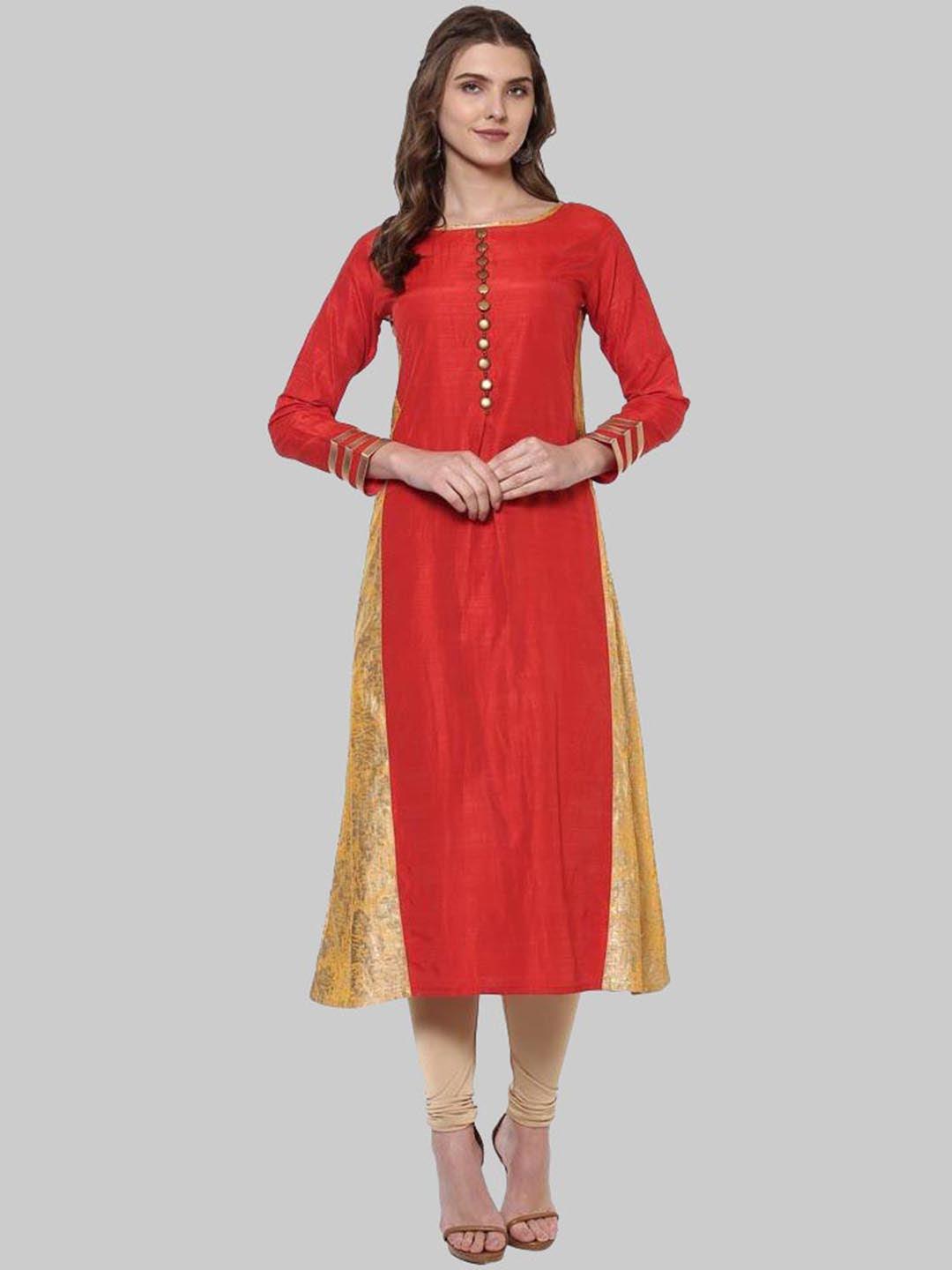 Red Foil Print Banarasi Silk A-Line Kurti - Znxclothing