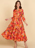 Orange Floral Printed Flared Dress - Znxclothing