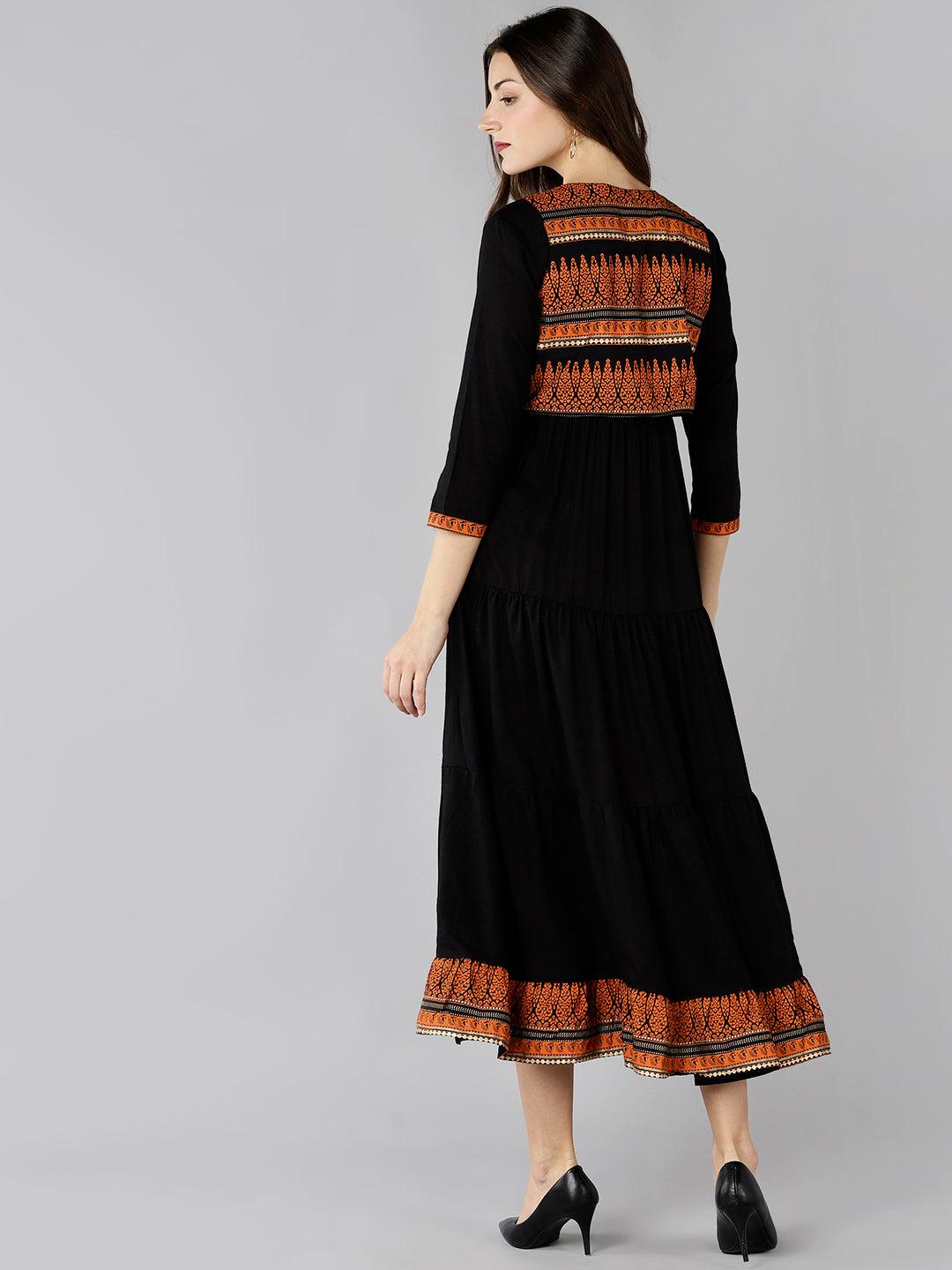 Znx Women Black Maxi Dress With Orange Printed Jacket - Znxclothing