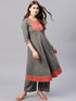 Grey Gold Printed Anarkali With Peach Hemline Details (Fully Stitched) - Znxclothing