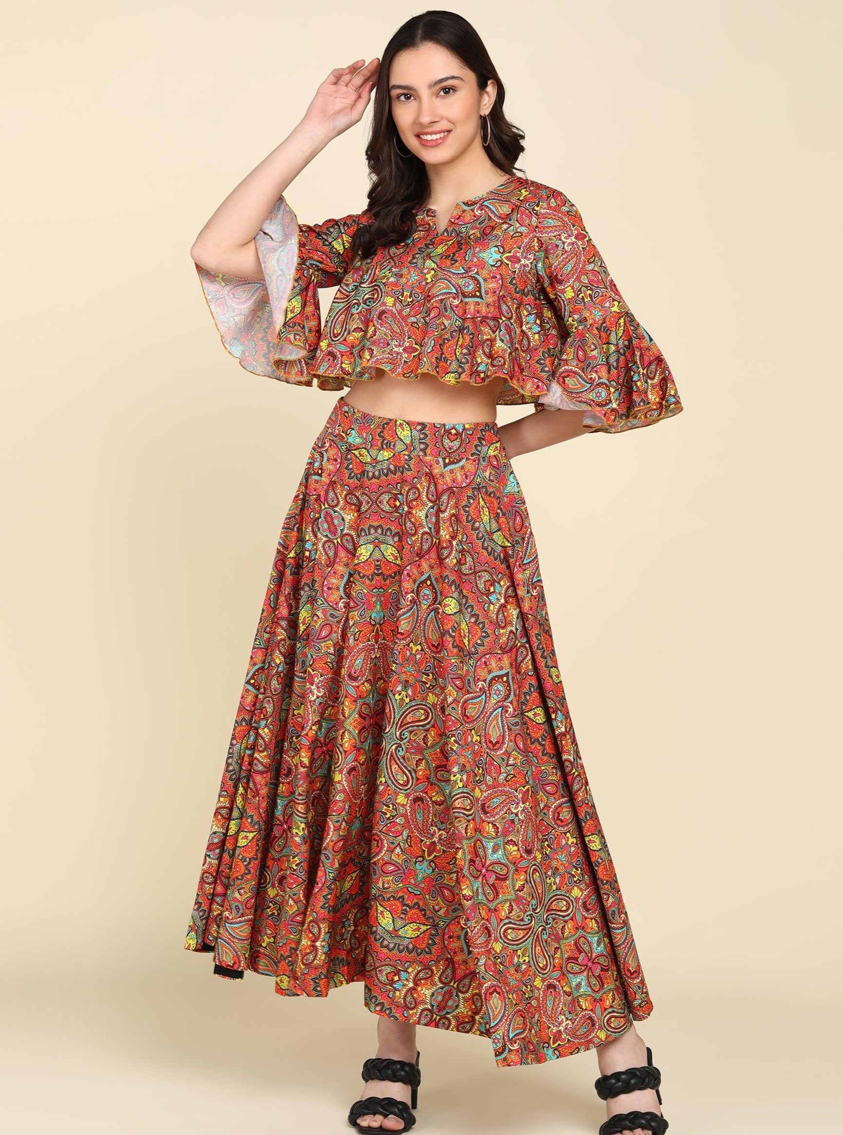 Mutlicolor Printed Skirt With Bell Sleeve Crop top - Znxclothing