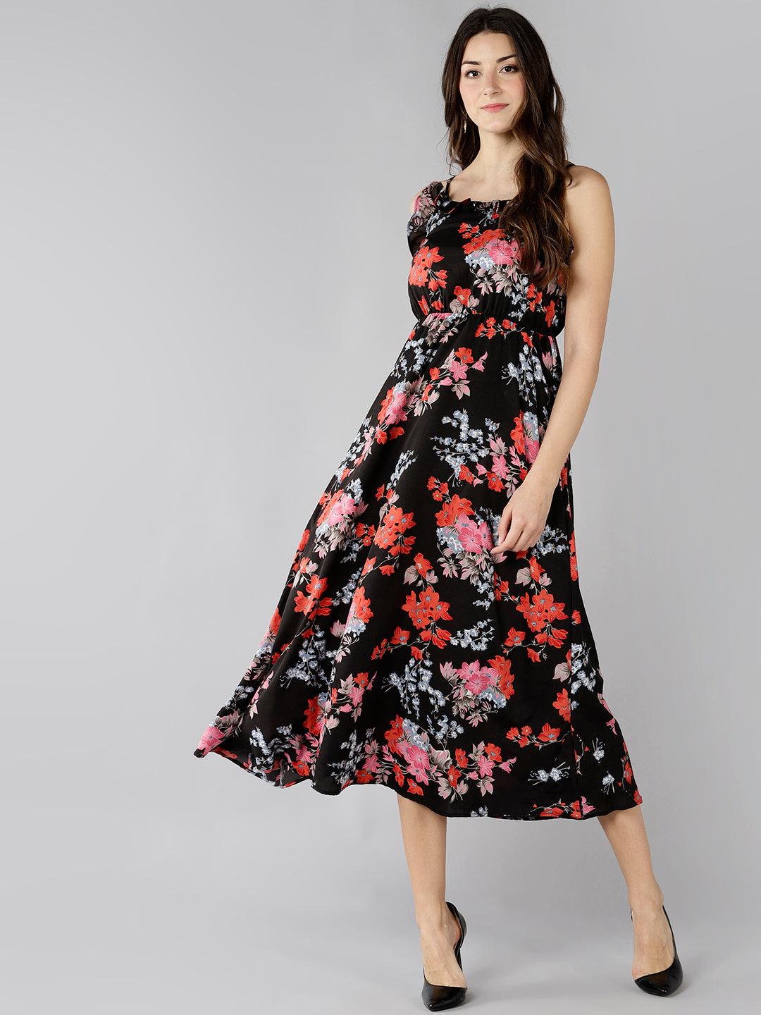 Znx Women Red Floral Printed Black Maxi Dress - Znxclothing