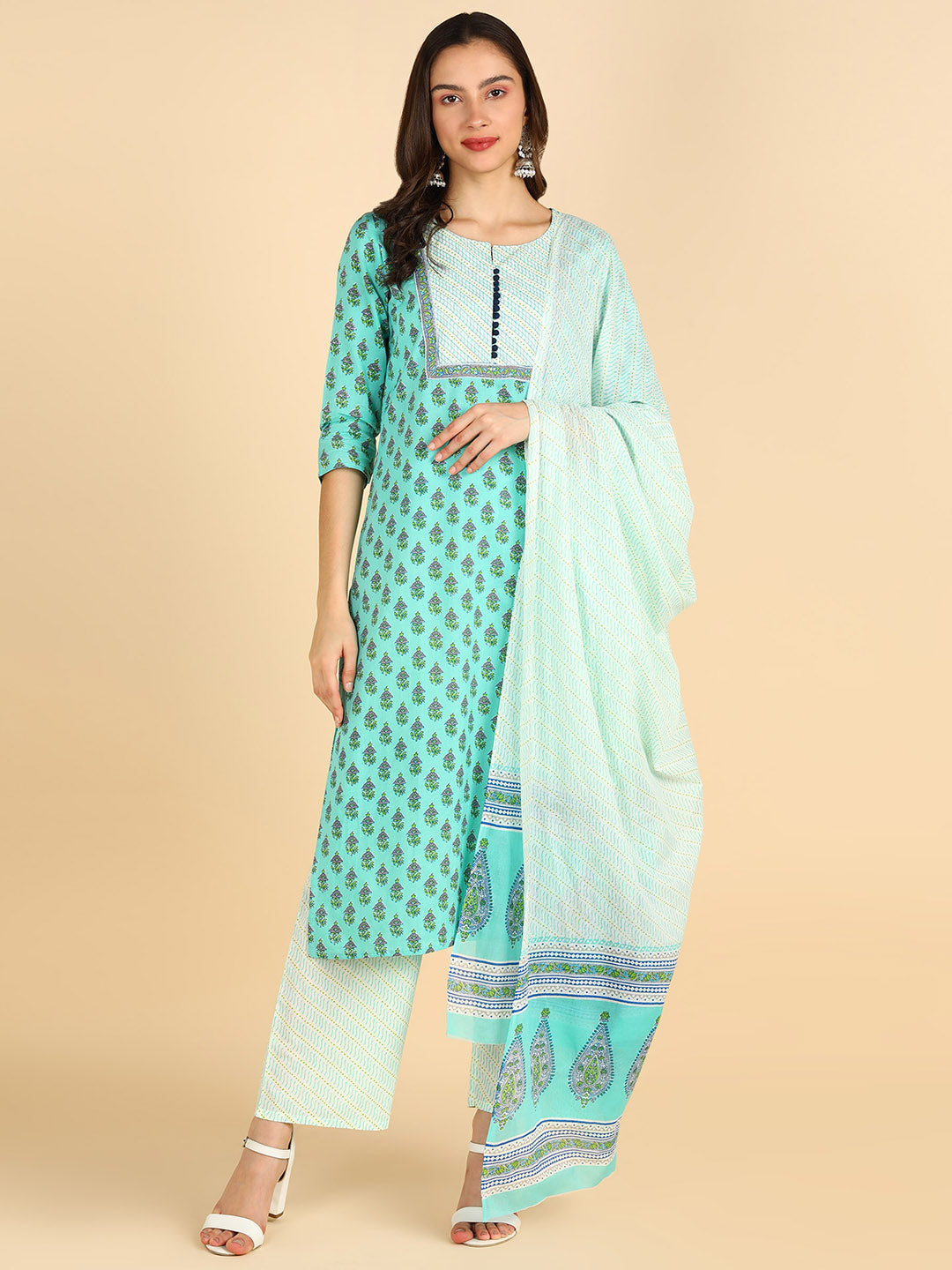 Women SeaGreen Printed Pure Cotton Kurta with Palazzos &amp; With Dupatta